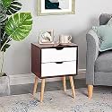 Brown Art SHOPPEE 2-Drawer End Side Table with Drawer and Solid Wood Legs, Bedside Table for Bedrooms, Mid-Century Modern Drawer Storage Cabinet for Bedroom &amp; Furniture (Brown &amp; White)