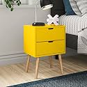 Brown Art SHOPPEE 2-Drawer End Side Table with Drawer and Solid Wood Legs, Bedside Table for Bedrooms, Mid-Century Modern Drawer Storage Cabinet for Bedroom &amp; Furniture