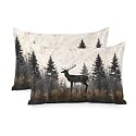 Brown Black Deer Satin Pillowcases King Size Set of 2 Cooling Vintage Forest Silk Pillow Cases for Hair and Skin Smooth Soft Zippered Spring Retro Elk Tree Throw Pillow Covers for Women Men 20"x36"