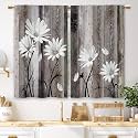 Brown Farmhouse Daisy Kitchen Curtains Wooden Flower Small Short Cafe Window Curtains Rustic Floral Butterfly Country Barn Plank Bathroom Drapes Treatment Tier Curtains (27.5x39 Inch)