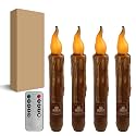 Brown Flameless Short Taper Candles, Real Wax Hand Dipped LED Battery Operated with Remote, Flickering Flame Lights for Festival Party Home Décor, 6.7 Inch Primitive Flameless Candles, 4PCS