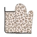 Brown Leopard Oven Mitts and Pot Holders Sets - Animal Print Kitchen Mitts Potholders 2 Pack Heat Resistant Vintage Cheetah Oven Gloves Hot Pads for Kitchen Baking Grilling Party