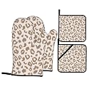 Brown Leopard Oven Mitts and Pot Holders Sets - Animal Print Kitchen Mitts Potholders 4 Pack Heat Resistant Vintage Cheetah Oven Gloves Hot Pads for Kitchen Baking Grilling Party