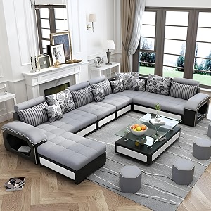 Brown Maple U-Shape Sectional Sofa Set for