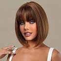Brown Straight Bob Wig with Bangs Short Length Apple Cut