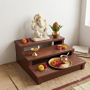 brown wooden 3-tier pooja chowki for home temple  3 step mandir display stand riser for god idols  solid red wooden bajot patla peetam for daily puja navratri amp decor 29 x 30 x 11 cm