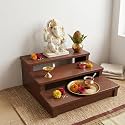 Brown Wooden 3-Tier Pooja Chowki for Home Temple | 3 Step Mandir Display Stand Riser for God Idols | Solid Red Wooden Bajot Patla Peetam for Daily Puja, Navratri &amp; Decor (29 x 30 x 11 cm)
