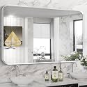 Silver Bathroom Mirror 30x55in, Metal Framed Rounded Rectangle