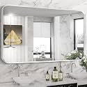 Silver Bathroom Mirror 28x60in, Metal Framed Rounded Rectangle