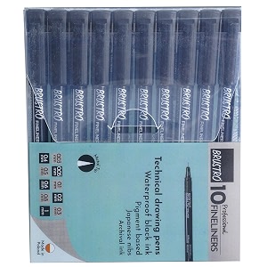 brustro professional pigment based fineliner pen  black  set of 10 - tip sizes - 003 005 01 02 03 04 05 06 08 1 mm ideal for mandala drawingartist illustrationsketching