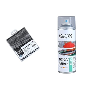 brustro professional pigment based fineliner - set of 10 black artists picture varnish - satin - 200 ml spray can