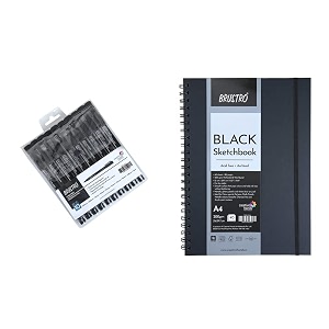 brustro professional pigment based fineliner - set of 10 black black sketchbook wiro bound size a4 200gsm 40 sheets 80 pages