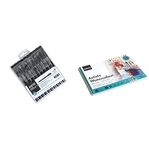 brustro professional pigment based fineliner - set of 10 black artist watercolour pad 300 gsm a4 wiro - 15 sheets