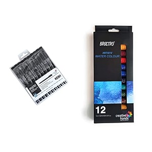 brustro professional pigment based fineliner - set of 10 black artists  watercolour set of 12 colours x 12ml tubes