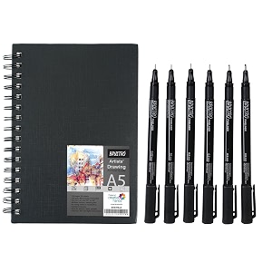 brustro professional pigment based fineliner - pack of 6 black with artist sketch book 160 gsm a5 wiro bound 116 pages