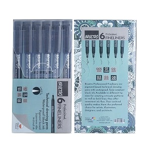 brustro professional pigment based fineliner pen  black  set of 6 - tip sizes - 005mm 01mm 02mm 03mm 05mm 08mm  ideal for mandala drawingartist illustrationsketching