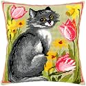 Brvsk Ferine Needlepoint Kit for Adults and Beginners — Kitty 16″ × 16″ with Clear, Precise Printed Design on Cotton Canvas; Includes 2 Needles, Yarn, and Easy-Read Chart
