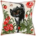 Brvsk Ferine Needlepoint Kit for Adults and Beginners — A Cat in Poppies 16″ × 16″ with Clear, Precise Printed Design on Cotton Canvas; Includes 2 Needles, Yarn, and Easy-Read Chart