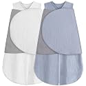 BSTOPPT Newborn Sleep Sack Baby Swaddle,100% Muslin Cotton，3-Way Adjustable Wearable Blanket,Swaddling Sleeping Bag (2, White &amp; Light Gray, 3-6 Months)
