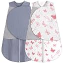 BSTOPPT Newborn Sleep Sack Baby Swaddle,100% Muslin Cotton,3-Way Adjustable Wearable Blanket,Swaddling Sleeping Bag (2, Gray &amp; Pink Butterfly, 6-12 Months)