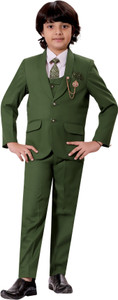 bt dezines 5 piece coat suit set with shirt pant waistcoat  tie for boys solid boys suit