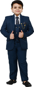 bt dezines 5 piece coat suit set with shirt pant waistcoat  tie for boys solid boys suit