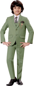 bt dezines 5 piece coat suit set with shirt pant waistcoat  tie for boys solid boys suit