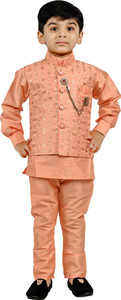 bt dezines boys festive  party wedding kurta waistcoat and pyjama set orange pack of 1
