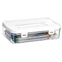 BTSKY Clear Plastic Storage Container with Lid &amp; Handle, Multipurpose Craft Organizers and Storage Box, Easy Carry &amp; Stack Flat Storage Box for Pencils Markers Crayons Sticky Notes, 1 Pack