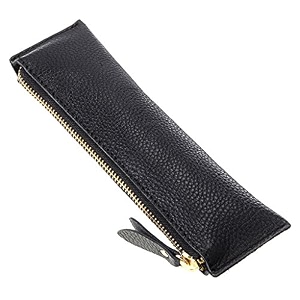 btsky genuine leather pencil case - zippered pen case stationery bag zipper pouch pencil holder new black