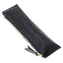 BTSKY Genuine Leather Pencil Case - Zippered Pen Case Stationery Bag Zipper Pouch Pencil Holder (New Black)