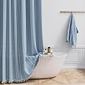 BTTN 60 x 84 Boho Farmhouse Linen Heavy Duty Cloth Shower Curtain Set, Blue