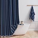 BTTN 72x84 Long Boho Farmhouse Linen Heavy Duty Shower Curtain, Navy Blue