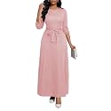 BubFee Long Dress for Women Casual Long Sleeve Dresses Maxi Dress Empire Waist Loose with Belt