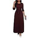 BubFee Long Dress for Women Casual Long Sleeve Dresses Maxi Dress Empire Waist Loose with Belt