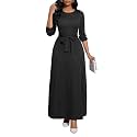BubFee Long Dress for Women Casual Long Sleeve Dresses Maxi Dress Empire Waist Loose with Belt