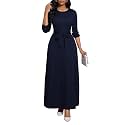 BubFee Long Dress for Women Casual Long Sleeve Dresses Maxi Dress Empire Waist Loose with Belt
