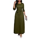 BubFee Long Dress for Women Casual Long Sleeve Dresses Maxi Dress Empire Waist Loose with Belt