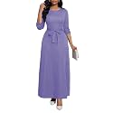 BubFee Long Dress for Women Casual Long Sleeve Dresses Maxi Dress Empire Waist Loose with Belt