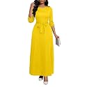 BubFee Long Dress for Women Casual Long Sleeve Dresses Maxi Dress Empire Waist Loose with Belt