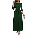 BubFee Long Dress for Women Casual Long Sleeve Dresses Maxi Dress Empire Waist Loose with Belt