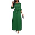 BubFee Long Dress for Women Casual Long Sleeve Dresses Maxi Dress Empire Waist Loose with Belt