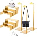 Bucherry 3 Pcs Purse Holder Stand and 2 Set Stainless Steel Display Riser Metal Handbag Rack with Adjustable Height Riser Wreath Display Stand for Home Boutique Shopping Center Retail Outlet(Gold)