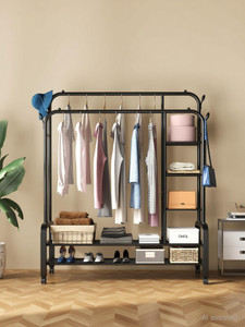 bucketlist steel floor cloth dryer stand portable garment rackmetal clothes with 2 hanging rails 4 hooks4 side shelves