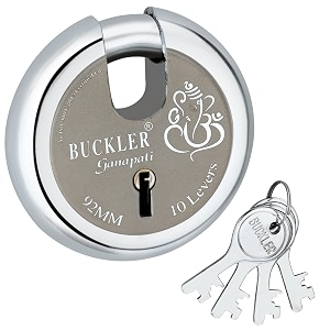 buckler heavy duty iron shutter lock for main gate godown main door office shop truck narrow shackle unbrackble lock- ganapati laser print design-92mm-10 levers round shape-