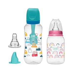 buddsbuddy 3 in 1 anti-colic regular neck camry feeding bottle 125ml  250ml new born  infants  toddlers upto 3 years  floral  bpa free- crown  camry
