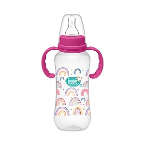 buddsbuddy anti-colic regular neck molly feeding bottle with handle 250ml new born  infants  toddlers upto 3 years  floral  bpa free- molly pink