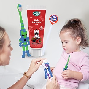 buddsbuddy kids oral care combo robo toothbrushberry blast toothpastesumo tongue cleaner