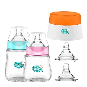 buddsbuddy premium welcome baby gift set for newborn with wide neck bpa free baby prius feeding bottles 150ml 250ml baby powder puff sippy spout teatpack of 4