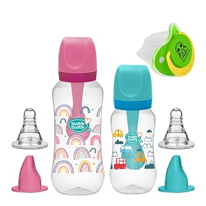 buddsbuddy premium welcome baby set for newborn with regular neck bpa free baby camry feeding bottles 125ml 250ml baby pacifiersoother pack of 3